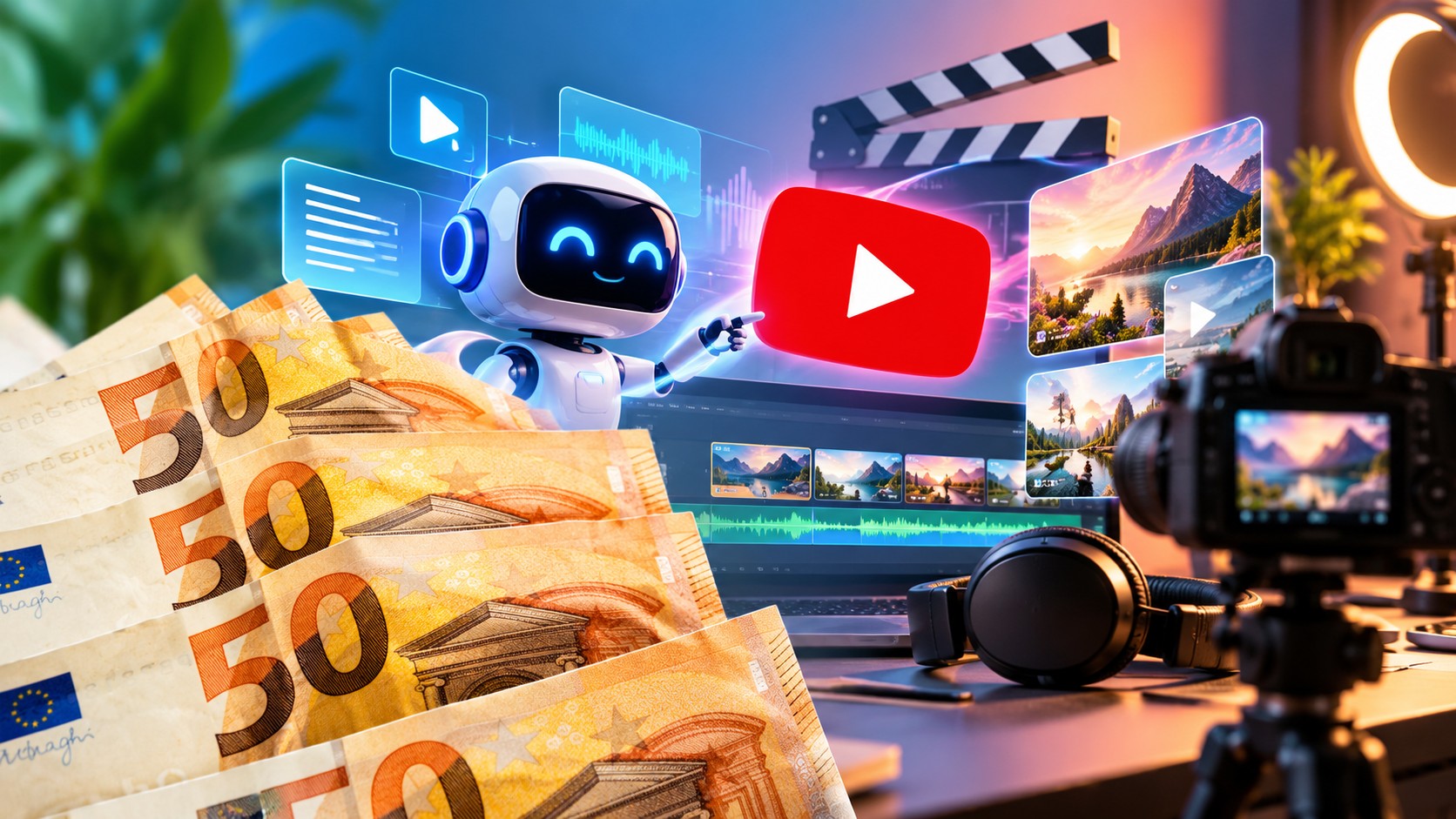 Poste de montage vidéo affichant une chronologie de production assistée par IA, à côté d'un graphique de revenus YouTube et d'icônes représentant la publicité, l'affiliation, les partenariats et les prestations pour des clients.